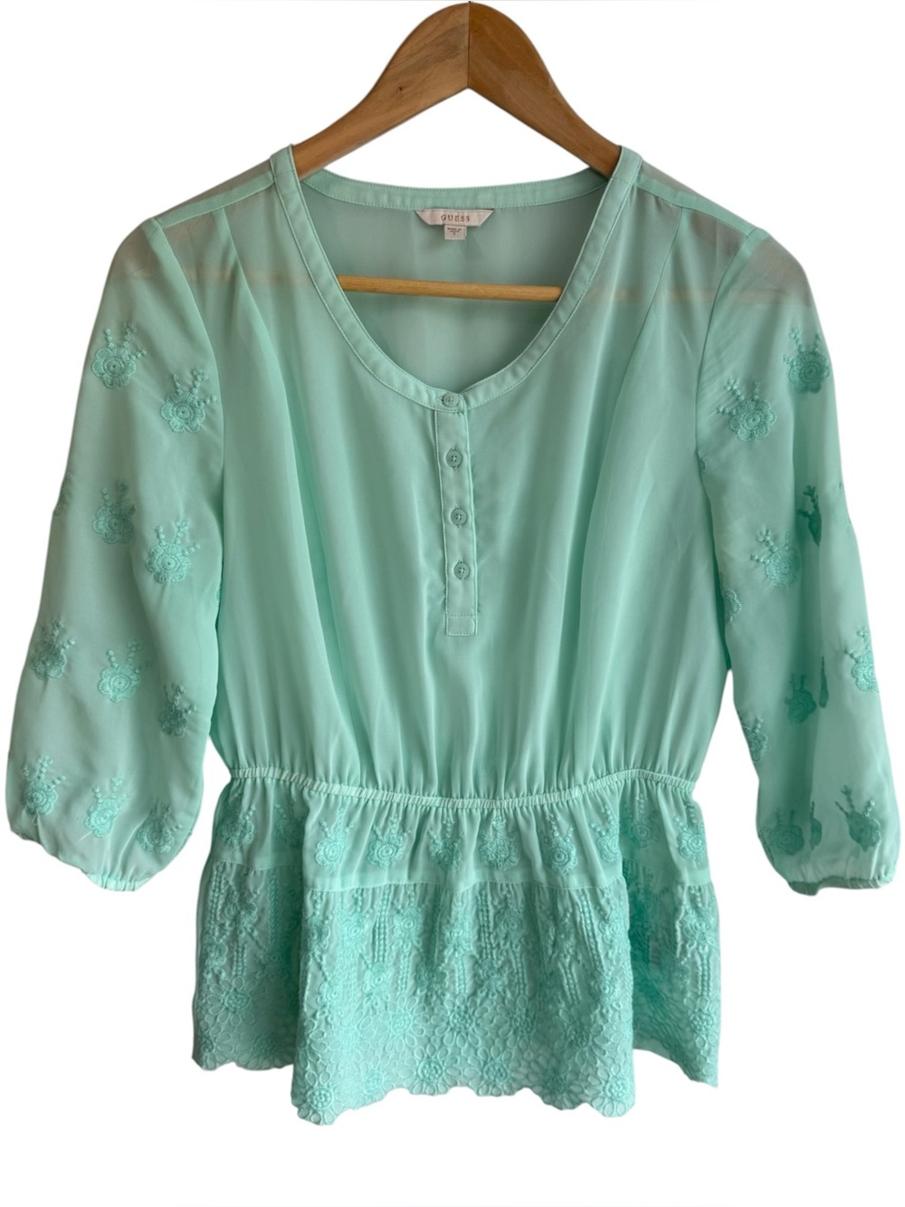 Le Chateau Sheer Peplum Blouse Sz S Light Blue Turquoise Floral Lace Hem Fairy